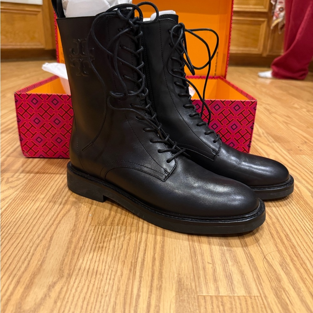 Tory Burch Double T Black Leather Combat Boots